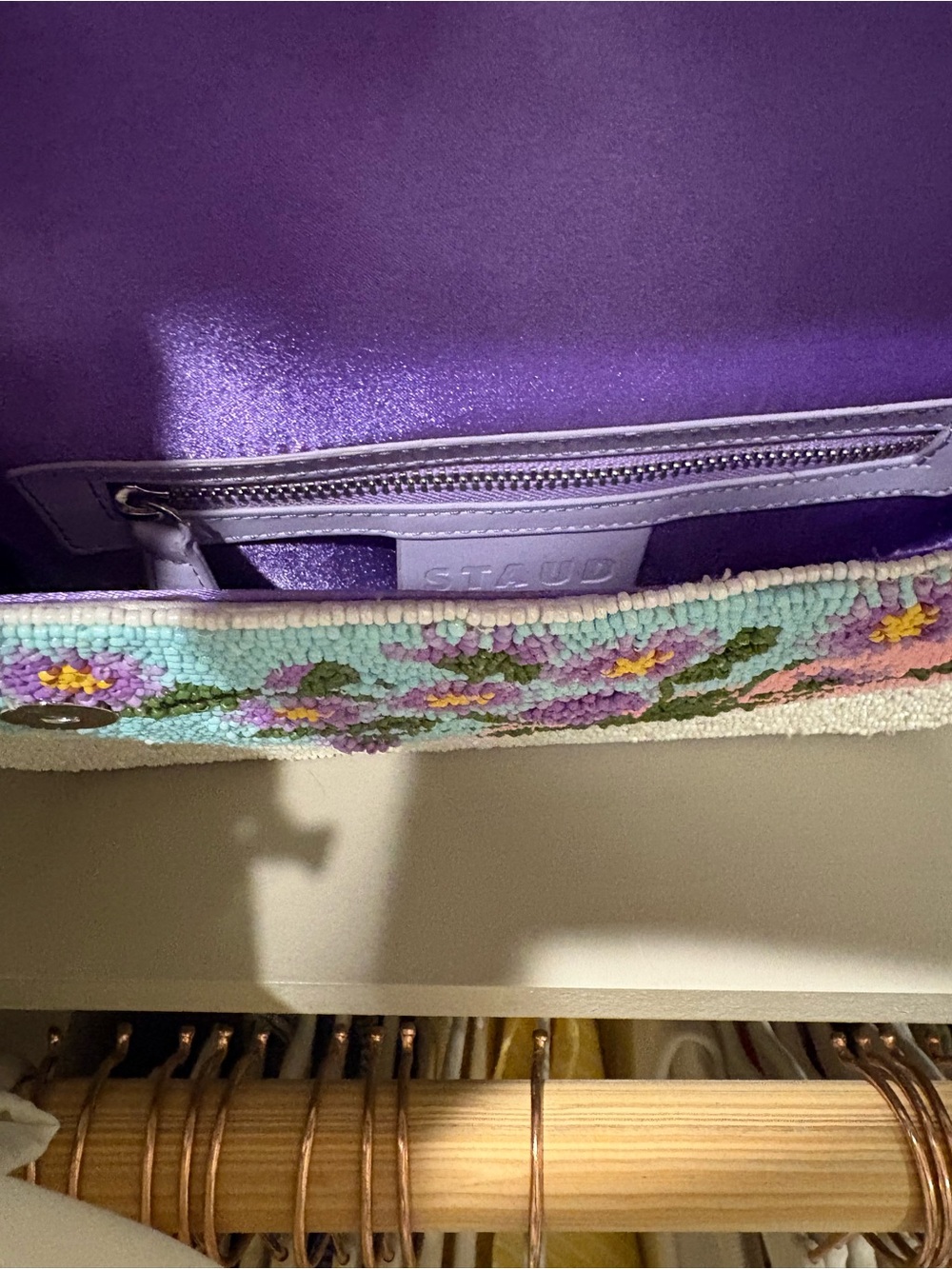STAUD Seed Shop Beaded Floral Shoulder Bag in Lavender and Cream - Picture 7 of 8